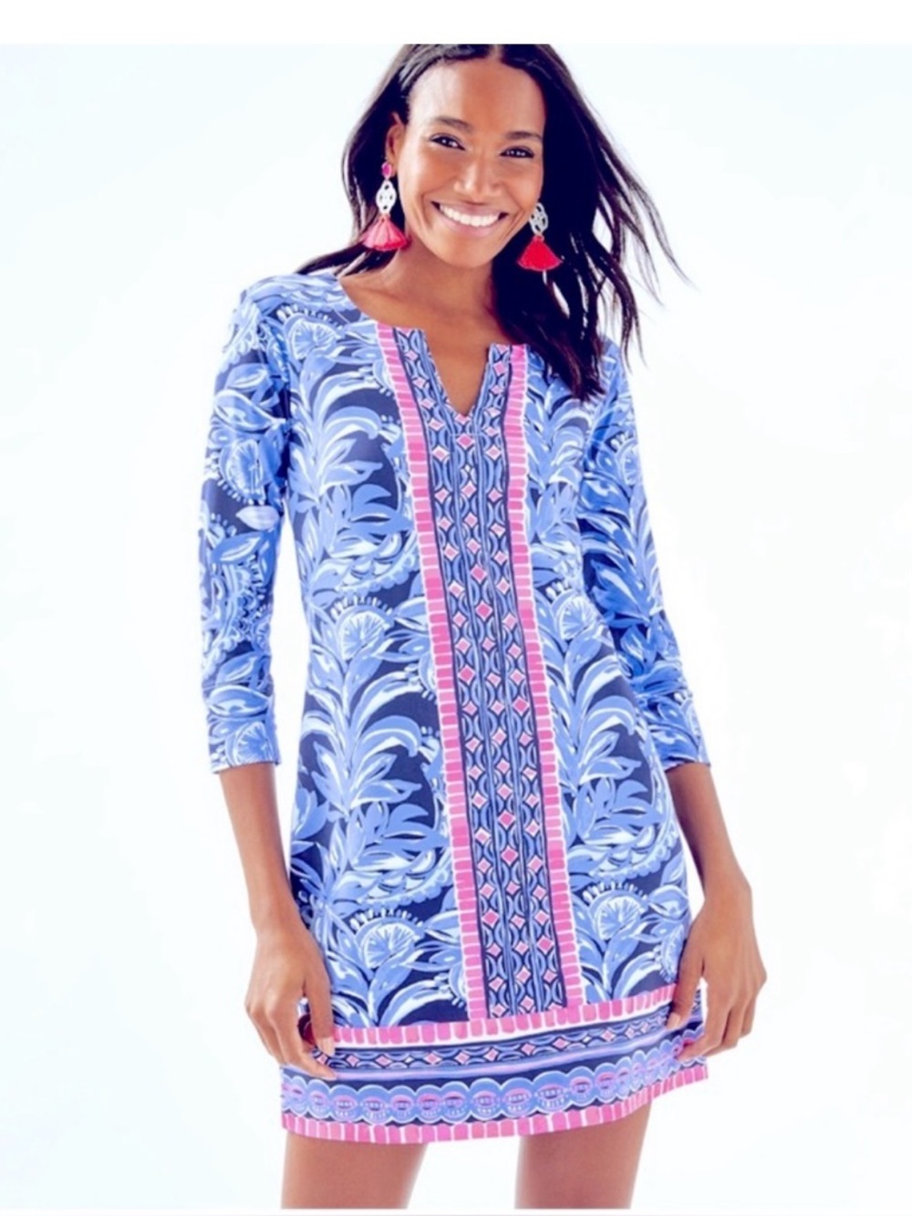 Lilly Pulitzer Navy and Light Blue Floral Midi Dress with Pink Trim